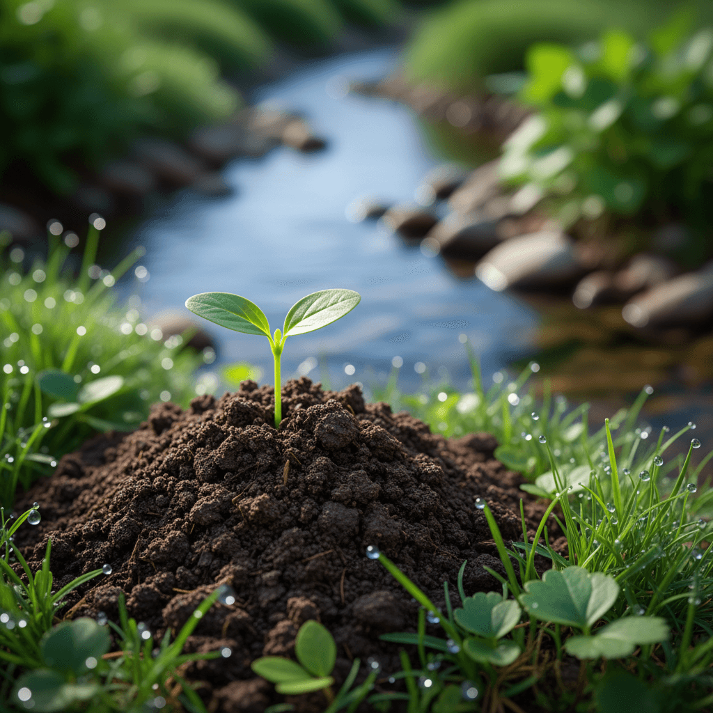 Young seedling growing in soil beside a stream
